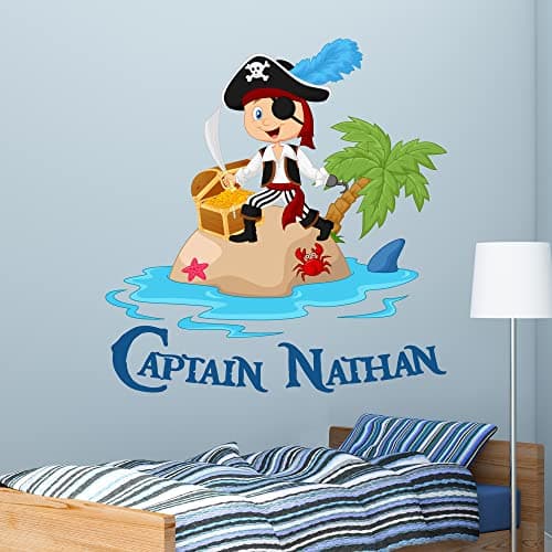 Image of Beautiful Game Pirate Wall Decal Island Personalised Name Pirate Bedroom Sticker Art Mural Kids (60cm height x 60cm width)
