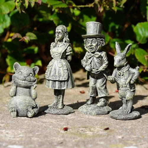 Image of Alice in Wonderland Set 4 Garden Figures | Resin Home Ornament Statue Mad Hatter Cheshire Cat White Rabbit Outdoor Indoor Decor Sculptures