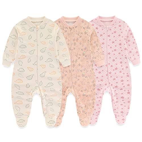 Image of Newborn Baby Girls one-Piece Sleepsuit 3 Pack 2-way Zip Footed Pajamas for Play and Sleep,0-3 Months