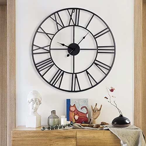 Image of YORKING Vintage Large Wall Clock 60CM Vintage Black Round Metal Silent Non ticking Battery Operated Clock Skeleton Roman Numerals Hanging Clock for Living Room Bedroom Kitchen