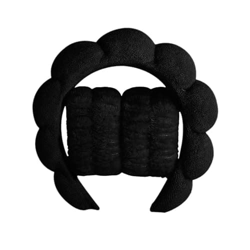 Image of Soft Cloud Headband with Wrist Band Set, Spa Facial Makeup Hairband, Pink and Black, 3 Piece (black)
