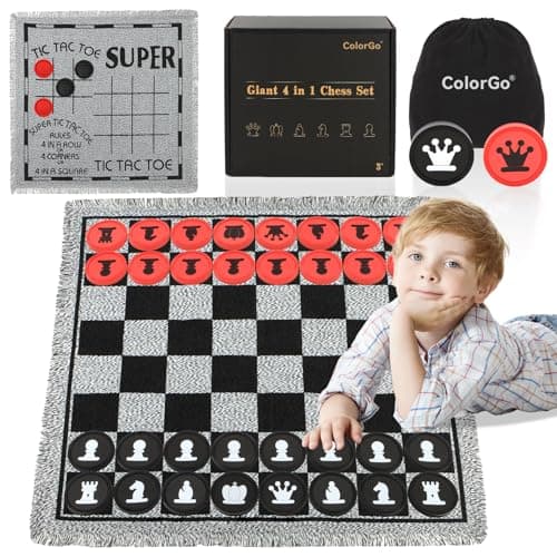 Image of 4 in 1 Vintage Giant Chess Game Set, Jumbo Checkers and Large Tic Tac Toe with Reversible Checker Board Game Mat & 34 Chess Pieces, Indoor Outdoor Board Game for Family, Camping, Yard, Lawn