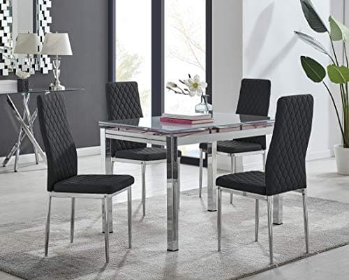 Image of Furniturebox UK Enna White Tinted Glass Extending Dining Table and 4 Black Diamond Quilted Chrome Metal Leg Milan Chairs Modern Dining Set