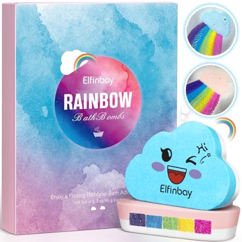 Image of Elfinbay Cloud Rainbow Bath Bombs for Girls, 2 Large Handmade Bath Bombs for Kids Bubble Bath, Safe Kid Bath Bomb Creates Multi-Colour Special Effect, Birthday Gifts for Women Kids Stocking Fillers