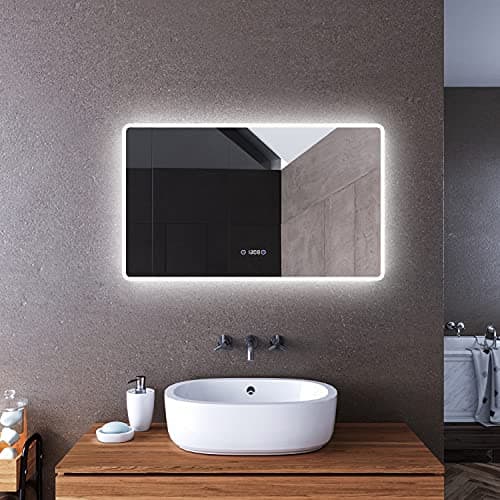Image of ELEGANT Backlit Illuminated Bathroom Mirror with Shaver Socket 1000x600mm, Wall Mounted Multifunction LED Bathroom Vanity Mirror with Touch Switch, Clock,Temperature, Demister Pad and 3 Lighting Mode