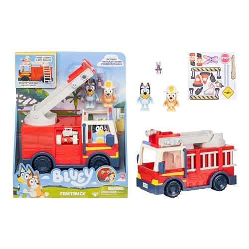 Image of Bluey Firetruck, Firetruck, Exclusive Firefighter Bingo and Bob Bilby Figures Raise The Ladder, Spin It Around and Roll Out The Hose Includes Sticker Sheet