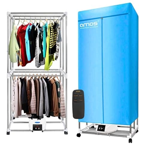 Image of AMOS Eezy-Dry Indoor Electric Clothes Airer 1300W Heated Drying Rack with Cover, 15kg (25 Items), Stainless Steel Energy-Efficient Laundry Dryer, Blue, Includes 2x6-Peg Sock Airers Foldable, Portable