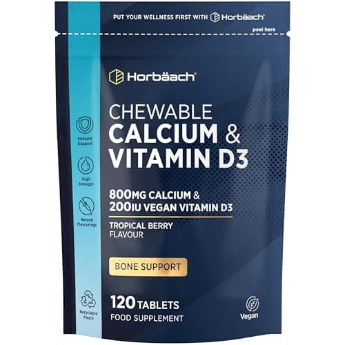 Image of Calcium and Vitamin D Tablets | 800mg Calcium & 200iu Vitamin D3 | Chewable Vegan Supplement | 120 Tablets - Tropical Berry Flavour | by Horbaach
