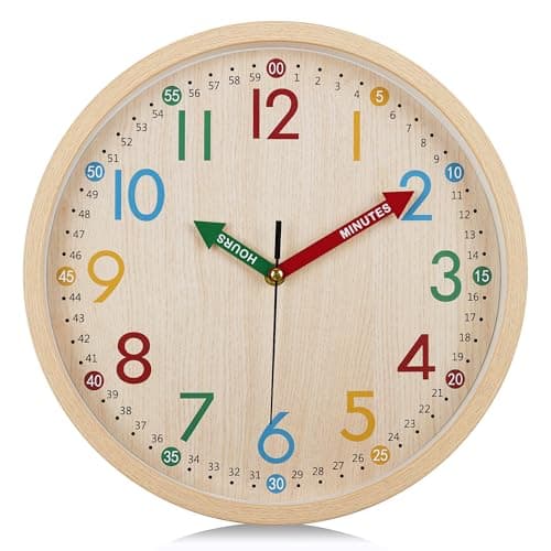 Image of Lafocuse Wood Grain Colorful Wall Clock Easy to Read 12 Inch Silent Non Ticking, Fun and Cute Analog Clock Time Teaching for Classroom Bedroom Schoolhouse Game Room 30 cm