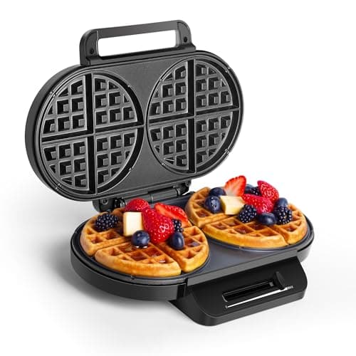 Image of VonShef Double Waffle Maker – Round Belgian Waffle Machine with Non-Stick Plates, Auto Temperature Control, Cool Touch Handle, Chaffles Maker Serves Savoury Snacks & Desserts – 1200W, Silver
