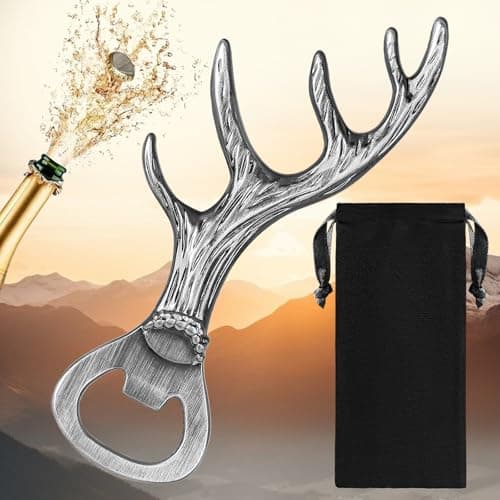 Image of LULLEA Deer Antlers Beer Bottle Opener, Deer Hunting Gifts for Hunters Men Women, Father's Day Christmas Gifts, Silver Beer Opener with Bag