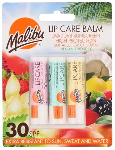 Image of Malibu Sun SPF 30 Lip Balm Sunscreen, Watermelon, Mint and Vanilla, 3 x 5g,