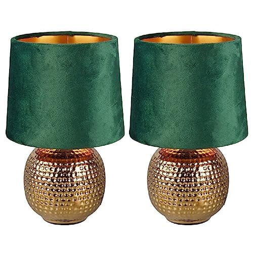 Image of Britalia 2 Pack - Gold Ceramic Vintage Hammered Globe Table Desk Lamp with Green Velvet Shade | 26cm Height | 1 x SES E14 Lamp Bulb Required | UK Approved | Retro Design | Tapered Drum Lampshade