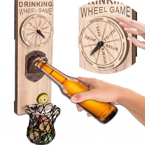Image of ZONSUSE Magnetic Drinking Game Bottle Opener, Personalised Wall Mounted Bottle Opener, with Beer Game Wheel​, Non-Damaging Opening, Man Cave/Home Bar Accessories, Birthday Gifts for Men (with Catcher)