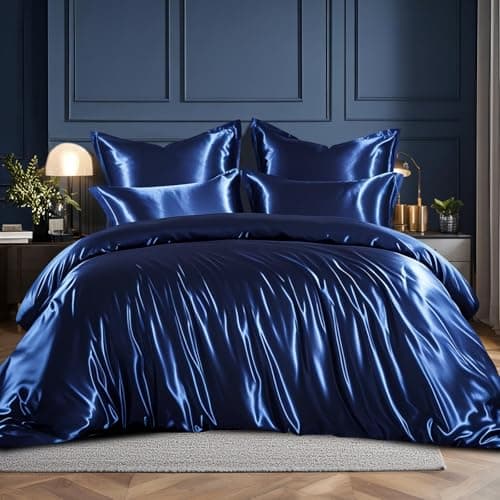 Image of RUIKASI Satin Bedding Set Super King - Silky Superking Duvet Cover Set for Hair and Skin, Duvet Set Quilt Cover with 2 Pillowcases, 260x220cm Navy Blue