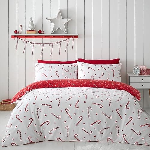 Image of Catherine Lansfield Christmas Candy Cane Reversible Single Duvet Cover Set with Pillowcase Red/White