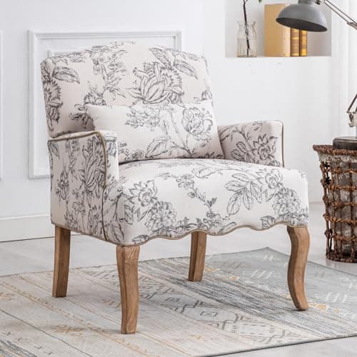Image of chairus Linen Single Sofa Chair Retro Printed Upholstered Armchair for Living Room Modern Occasional Longue Chair with Wood Legs (Beige)