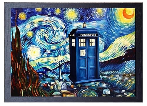 Image of SIGNED BY THE STARS Doctor Who Print Van gough starry starry night Police Box. Dr Who Art. (A4 FRAMED 35CM X 25CM)