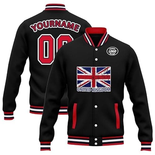 Image of AWSOLE Custom UK Flag Varsity Jackets Personalized England patriot Jacket with Your Team Name Image Logo Fashion Outerwear