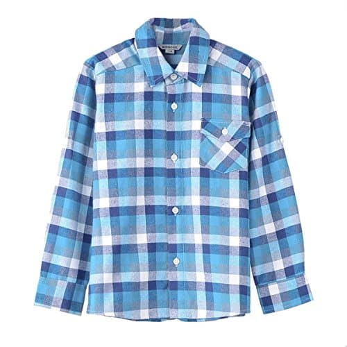 Image of Bienzoe Boys Button Down Shirt: Kids Plaid Flannel Long Sleeve Shirts Blue 9/10