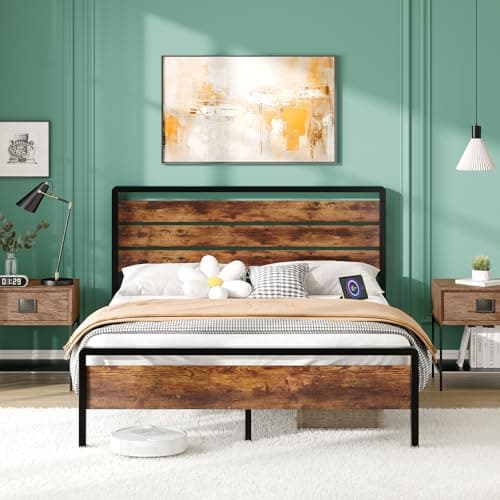 Image of Bonnlo 4ft6 Double Bed Frame with Wood Headboard, LED Double Bed Frames with Charging Station/LED Lights/Under Bed Storage, Sturdy Metal Slats Support, No Mattress, 135x190cm, Vintage Brown