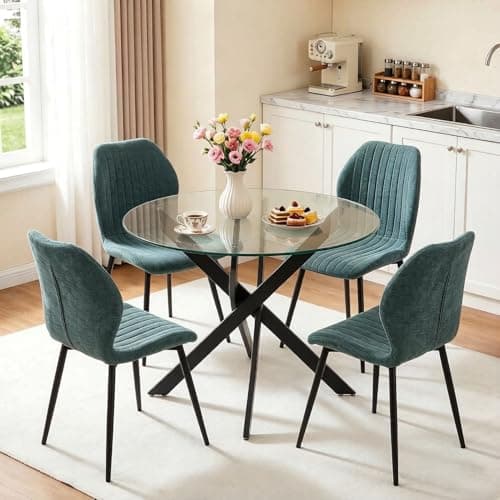 Image of Warmiehomy Tempered Glass Round Dining Table and Chairs Set 4, Modern Compact Small Kitchen Dining Table with 4 Chairs for Small Space Home Apartment, Living Room, Receptions (Green Chair)
