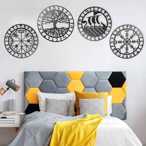 Image of Arsey 4 Pack Viking Wooden Wall Art Compass Tree of Life Vegvisir Warship Wall Sculptures Gifts for Men Living Room Bedroom Hallway and Stairs Decor, Black