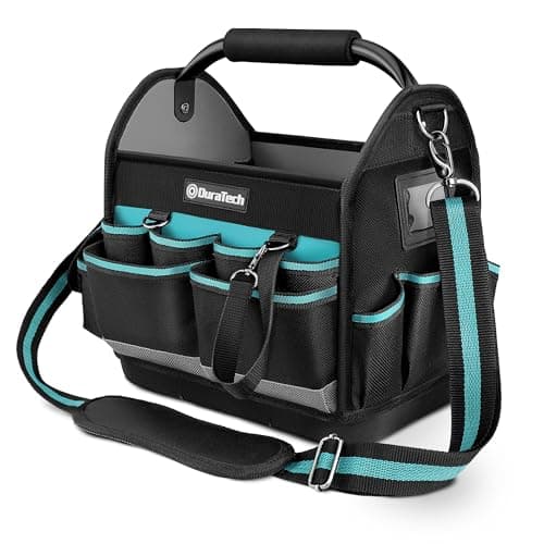 Image of DURATECH Tote Tool Bag 30.5 x 22 x 30 cm, Heavy Duty 900D Open Tool Bag, Electricians Tool Bag with Rotatable Steel Tube Grip and Adjustable Shoulder Strap, Plumbers Tools Bag with Multiple Pockets