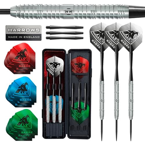 Image of Harrows Sabre 90% Tungsten Steel Tip Darts Set – Professional Precision 21g to 26g | 23pc Bundle with Spare Shafts, Marathon Flights & Travel Case | Pro Player Tested, Tournament Quality - 23g