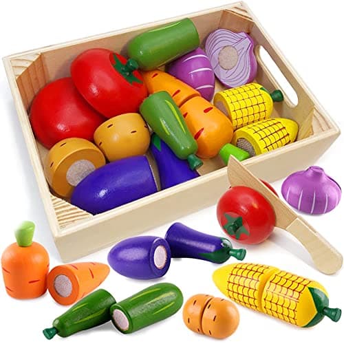 Image of Airlab Wooden Play Food for Kids Kitchen Toys for Toddlers Cutting Fruits and Veg Toys Food Set Pretend Play Kitchen Accessories Chopping Vegetables for Boys Girls Educational Learning Toys