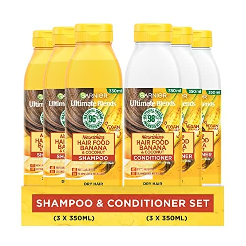 Image of Garnier Shampoo & Conditioner Set by Ultimate Blends,Nourishing Banana Hair Food for Dry Hair,98 Percent Natural Origin Ingredients, 3 x 350ml Shampoo and 3 x 350ml Conditioner,100% Vegan Formula