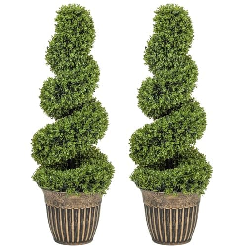 Image of HOMCOM Set of 2 Decorative Artificial Plants Topiary Spiral Boxwood Trees in Pot, Fake Plants for Home Indoor Outdoor Decor, 90cm, Light Green