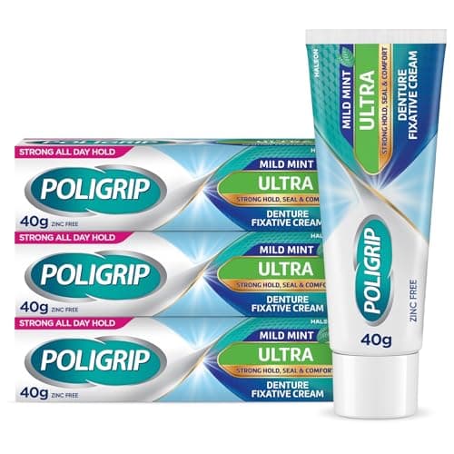 Image of Poligrip Denture Adhesive Cream, False Teeth and Partials Fixative, Ultra, 40 g (Pack of 3)
