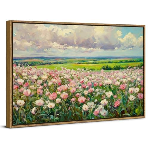 Image of Colorful Floral Framed Wall Art for Bedroom Vintage Wildflower Oil Painting Style Aesthetic Room Decor Pink Tulip Flowers Field Wall Picture Canvas Prints Farmhouse Artwork Gallery Decoration 12x16"