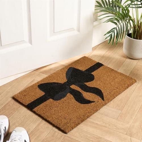 Image of OHS Washable Door Mats Indoor & Outdoor Bow Print, Non-Slippery Heavy Duty Stylish Entrance Coir Door Mat Perfect Dirt Trapping Doormats, Natural/Black - 40 x 60cm