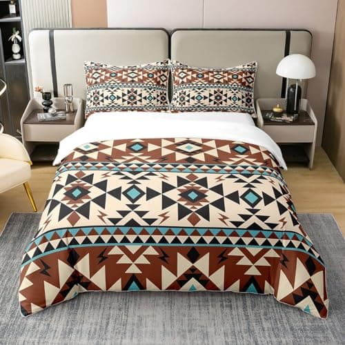 Image of 100% Cotton Aztec Patterned Duvet Cover Aztec Aztec Stripes Bedding Set Double Bohemian Geometric Comforter Cover for Cowboy Cowgirl Southwestern Native Exotic Ethnic Tribal Quilt Cover,Brown Teal