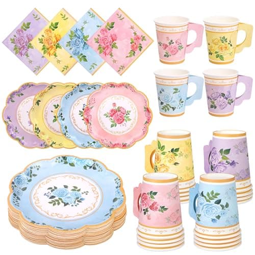 Image of Vivantia 48 Pieces Floral Tableware Set Afternoon Tea Party Tableware Paper Plates Cups with Handles Floral Napkins Vintage Party Decorations for Birthday Baby Shower Weddings, Serve 16 Guests