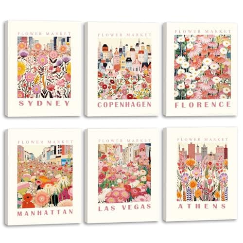 Image of TOARTi City Scenery Wall Art Prints Framed,Colorful Floral Minimalist Canvas Wall Decor,Living Room Canvas Poster，Vintage Set of 6 pcs(8x10inch) Mid Century Wildflower Printing for Bedroom Office