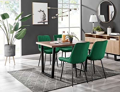 Image of Furniturebox UK Dining Set - Kylo 120cm Large Brown Wood Effect 4 Seater Dining Table with Industrial Black Legs & 4 Green Velvet Black Leg Pesaro Dining Chairs