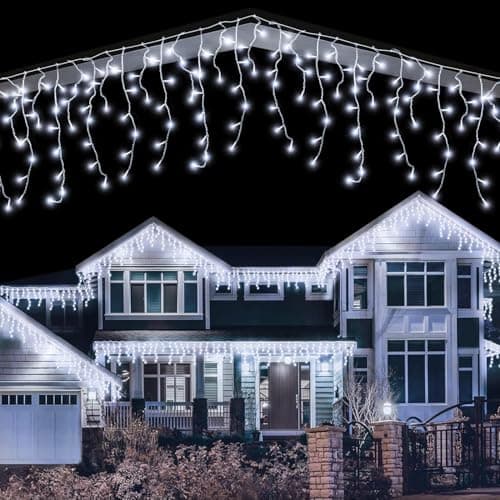 Image of LEDYA Icicle Lights Outdoor, 14m/45.93ft 360 Blue and White LEDs Fairy Lights Plug in, Christmas Lights Waterproof, String Lights with 8 Modes,Timer, Clear Cable, Garden, Cool White