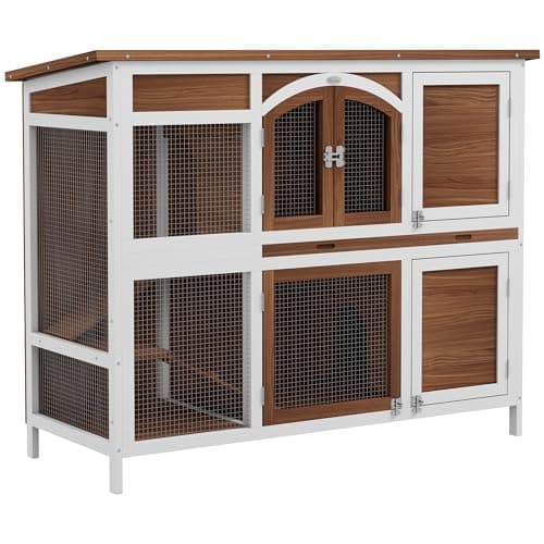 Image of PawHut Rabbit Hutch, Guinea Pig Hutch 2-Tier Wooden Cage w/Ramp Roof, Brown