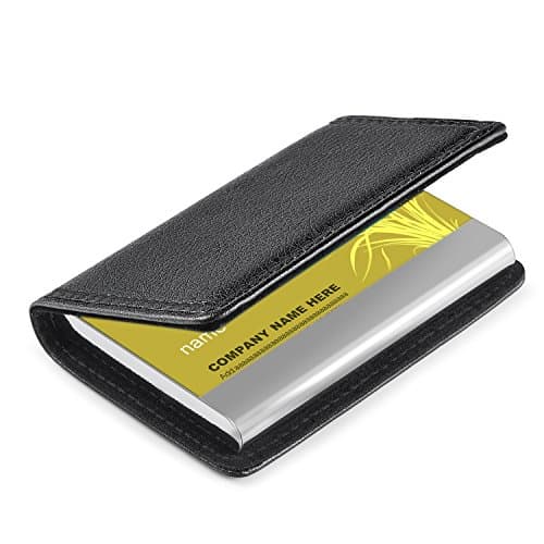 Image of wisdompro Business Card Wallet, PU Leather & Metal Business Card Case Pocket with Magnetic Closure for Men & Women - Black/Black Thread