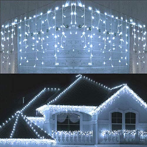 Image of JnDee Icicle Christmas Fairy Lights Waterproof Outdoor/Indoor use. ICY Cool White 400 LED 10M Wide 80 Drops Plus a Massive 10M Lead Cable, 8 Modes, Low Safe Voltage White Cable