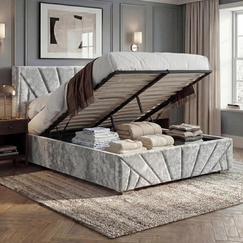 Image of Blisswood King Size Ottoman Bed, Velvet Upholstered Bed Frame with Headboard, UKFR Wooden Ottoman Storage Bed with Gas Lift End Opening, 5ft King Bedroom Furniture (Crushed Velvet Silver, 160 x 215cm)
