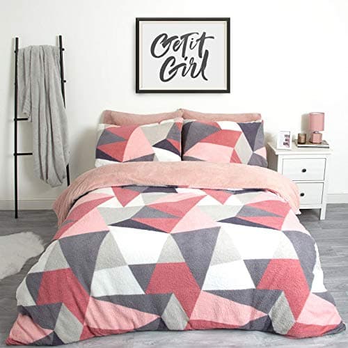 Image of Dreamscene Shapes Thermal Teddy Fleece Duvet Cover with Pillowcase Soft Warm Fluffy Bedding Set Bedspread Duvet Cover, Blush Pink / White - 3pcs, King