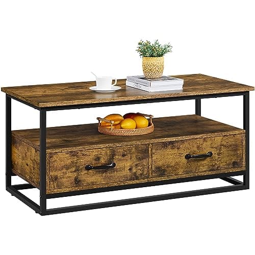 Image of Yaheetech Coffee Table with Storage Drawers, Industrial Side Tea Table for Living Room Home Furniture, Metal Frame, 100x 48 x46 cm