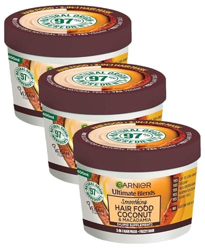 Image of Garnier Hair Food 3-in-1 Hair Treatment Mask, Smooths and Nourishes, For Frizzy & Curly Hair, No Silicones, Vegan Formula, Coconut Oil, Ultimate Blends, 400ml (Pack of 3)