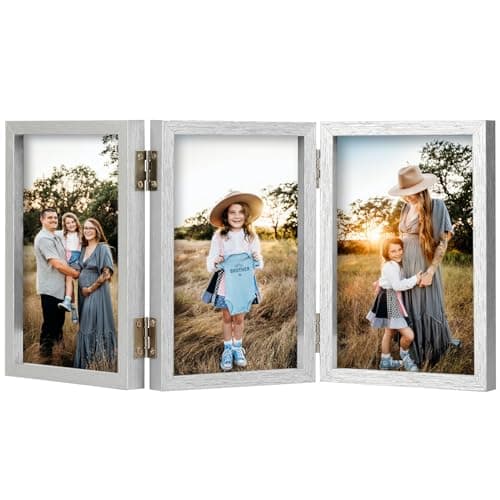 Image of Triple 5x7 Photo Frame Hinged Folding Wood Picture Frame with Glass Front Stand Vertical on Desktop Silver