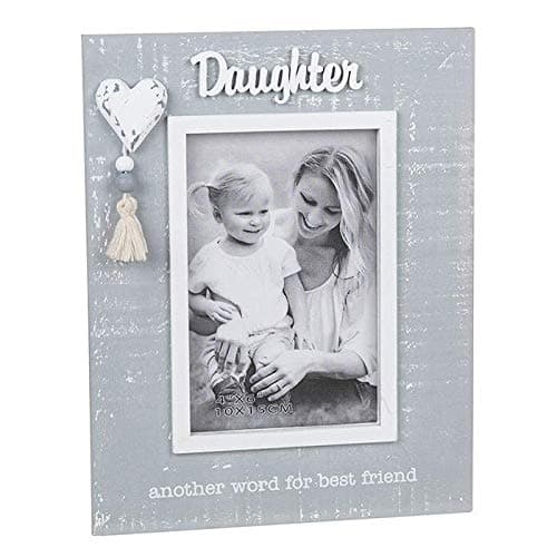 Image of Shabby Chic Cool Grey and White Heart and Tassel Frame 4 x 6 - Daughter