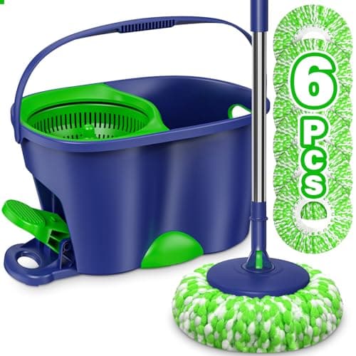 Image of Spin Mop and Bucket Set for Home: EHADOO Spin Mop for Floor Cleaning with 6 Microfiber Washable Heads - Bucket System for Hardwood Tiles Laminate Vinyl